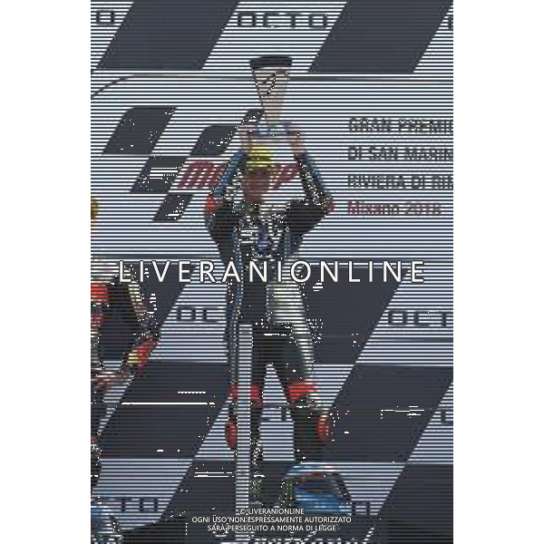 Misano Adriatico ( RN ) 09/09/2018 Misano World Circuit Marco Simoncelli. Gran Premio Octo di San Marino e della Riviera di Rimini 2018 - Moto2 Premiazione Nella foto: Il vincitore Francesco Bagnaia ( ITA ) su KALEX PH Lauro Montagnini AG ALDO LIVERANI SAS