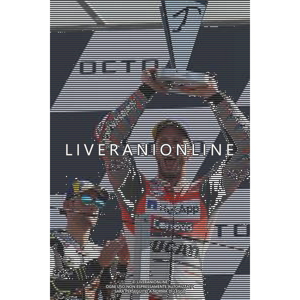 Misano Adriatico ( RN ) 09/09/2018 Misano World Circuit Marco Simoncelli. Gran Premio Octo di San Marino e della Riviera di Rimini 2018 - MOTOGP Premiazione Nella foto: Il vincitore Andrea Dovizioso ( ITA ) su DUCATI sul podio PH Lauro Montagnini AG ALDO LIVERANI SAS