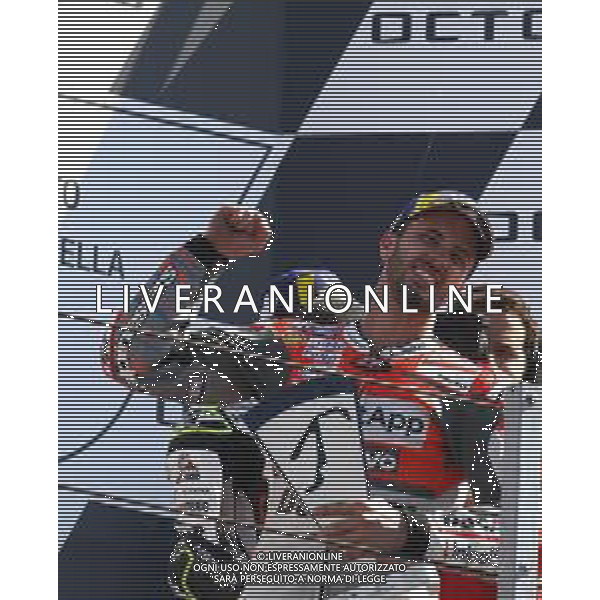 Misano Adriatico ( RN ) 09/09/2018 Misano World Circuit Marco Simoncelli. Gran Premio Octo di San Marino e della Riviera di Rimini 2018 - MOTOGP Premiazione Nella foto: Il vincitore Andrea Dovizioso ( ITA ) su DUCATI sul podio PH Lauro Montagnini AG ALDO LIVERANI SAS
