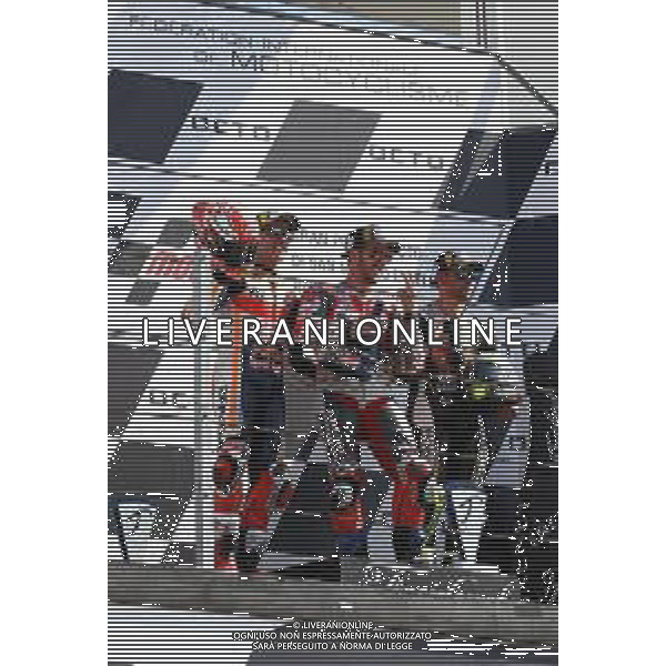 Misano Adriatico ( RN ) 09/09/2018 Misano World Circuit Marco Simoncelli. Gran Premio Octo di San Marino e della Riviera di Rimini 2018 - MOTOGP Premiazione Nella foto: 2° Class. Marc Marquez ( ESP ) su HONDA, l vincitore Andrea Dovizioso ( ITA ) su DUCATI e 3° Class. Cal Crutchlow ( GBR ) su HONDA sul podio PH Lauro Montagnini AG ALDO LIVERANI SAS