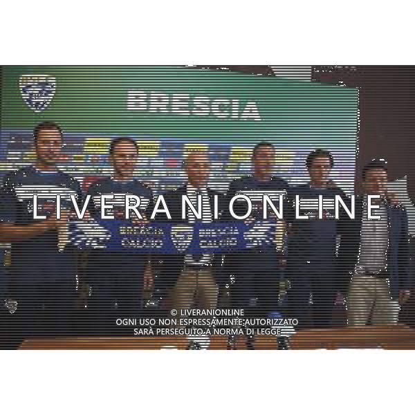 brescia presentazione del nuovo allenatore eugenio corini da sx Olivieri,Lanna,Corini,Sciuto,Vitrani,Leonardi,Eugenio Corini nuovo mister brescia calcio.Brescia 19 settembre 2018 AG ALDO LIVERANI SAS