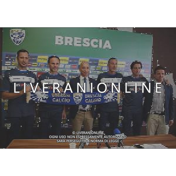 brescia presentazione del nuovo allenatore brescia calcio da sx Olivieri,Lanna,Corini,Sciuto,Vitrani,Leonardi,Eugenio Corini nuovo mister brescia calcio.Brescia 19 settembre 2018. AG ALDO LIVERANI SAS