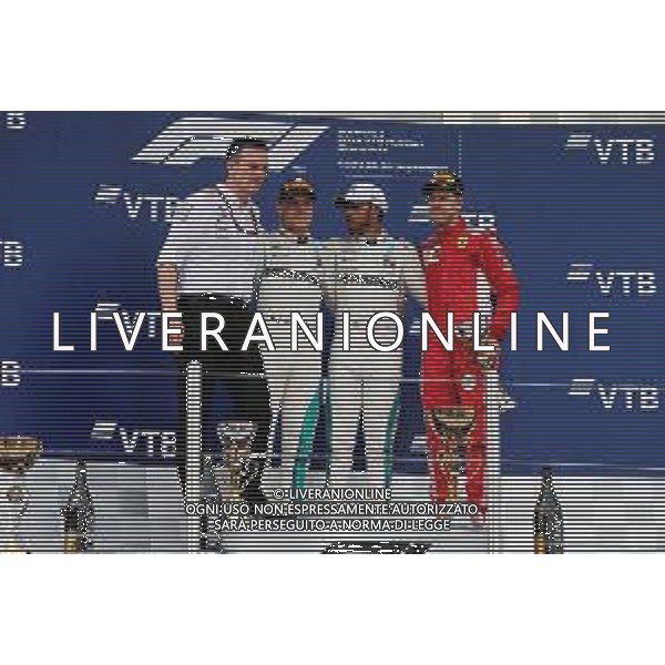The podium (L to R): James Allison (GBR) Mercedes AMG F1 Technical Director; Valtteri Bottas (FIN) Mercedes AMG F1, second; Lewis Hamilton (GBR) Mercedes AMG F1, race winner; Sebastian Vettel (GER) Ferrari, third. 30.09.2018. Formula 1 World Championship, Rd 16, Russian Grand Prix, Sochi Autodrom, Sochi, Russia, Race Day. / AGENZIA ALDO LIVERANI SAS - ITALY ONLY EDITORIAL USE ONLY