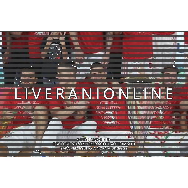 Esultanza Festeggiamenti a fine gara Milano vincitrice,A|X Armani Exchange Milano - Fiat Torino finale di Supercoppa Italiana, Brescia 30 settembre 2018. Ph Fotolive Simone Venezia / AGENZIA ALDO LIVERANI SAS - Olimpia Milano - Fiat Torino Finale di Supercoppa Italiana di basket 2018 al PalaLeonessa di Brescia 30.09.2018