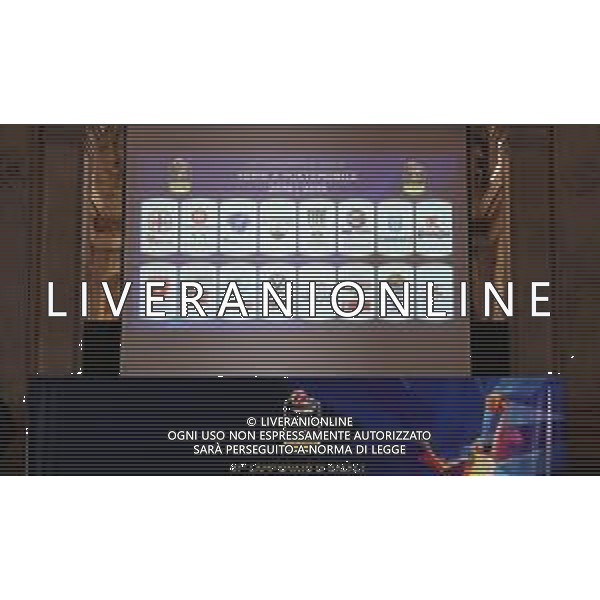 Tabellone con le squadre partecipanti, Presentazione del campionato di Basket 2018 2019, Brescia 1 ottobre 2018. Ph Fotolive Simone Venezia / AGENZIA ALDO LIVERANI SAS - Presentazione del Campionato italiano di pallacanestro maschile Basket Serie A 2018-2019, Brescia 01.10.2018