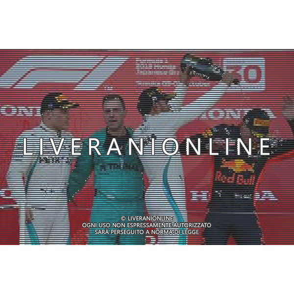 1st place Lewis Hamilton (GBR) Mercedes AMG F1 W09 with 2nd place Valtteri Bottas (FIN) Mercedes AMG F1 and 3rd place Max Verstappen (NLD) Red Bull Racing RB14. 07.10.2018. Formula 1 World Championship, Rd 17, Japanese Grand Prix, Suzuka, Japan, Race Day. / AGENZIA ALDO LIVERANI SAS - ITALY ONLY EDITORIAL USE ONLY - F1 Gp GIAPPONE GARA 07.10.2018.