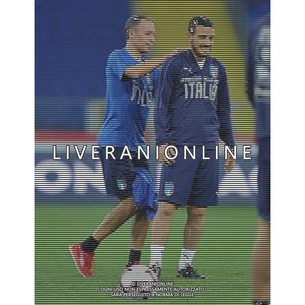 2018.10.13 Chorzow Pilka nozna UEFA Liga Narodow Konferencja i Trening Reprezentacji Wloch N/z alessandro florenzi con il preparatore atletico Claudio Donatelli Foto Rafal Rusek / PressFocus 2018.10.13 Chorzow Football UEFA Nations League Konferencja i Trening Reprezentacji Wloch Credit: Rafal Rusek / PressFocus / NEWSPIX.PL --- Newspix.pl/ AGENZIA ALDO LIVERANI SAS - ITALY ONLY EDITORIAL USE ONLY - Allenamento e Conferenza Stampa della Nazionale Italiana a Chorzow in Polonia 13.10.2018