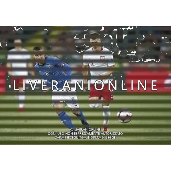 CHORZOW STADION SLASKI 14.10.2018 LIGA NARODOW PILKA NOZNA POLSKA (BIALE) - WLOCHY () NZ Marco Veratti , Damian Szymanski . FOT TOMASZ WANTULA / NEWSPIX.PL CHORZOW 14.10.2018 FOOTBALL MEN\'S LEAGUE OF NATIONS POLAND - ITALY TOMASZ WANTULA / NEWSPIX.PL --- Newspix.pl / AGENZIA ALDO LIVERANI SAS - ITALY ONLY EDITORIAL USE ONLY - Polonia - Italia UEFA Nations League 14.10.2018