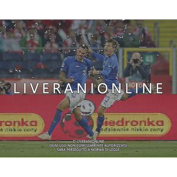 CHORZOW STADION SLASKI 14.10.2018 LIGA NARODOW PILKA NOZNA POLSKA (BIALO-CZERWONE) - WLOCHY (NIEBIESKO-BIALE) NZ Cristiano Biraghi gol bramka radosc 0:1 . ESULTANZA DOPO IL GOL DI CRISTIANO BIRAGHI CON NICOLO\' BARELLA FOT TOMASZ WANTULA / NEWSPIX.PL CHORZOW 14.10.2018 FOOTBALL MEN\'S LEAGUE OF NATIONS POLAND - ITALY TOMASZ WANTULA / NEWSPIX.PL --- Newspix.pl / AGENZIA ALDO LIVERANI SAS - ITALY ONLY EDITORIAL USE ONLY - Polonia - Italia UEFA Nations League 14.10.2018