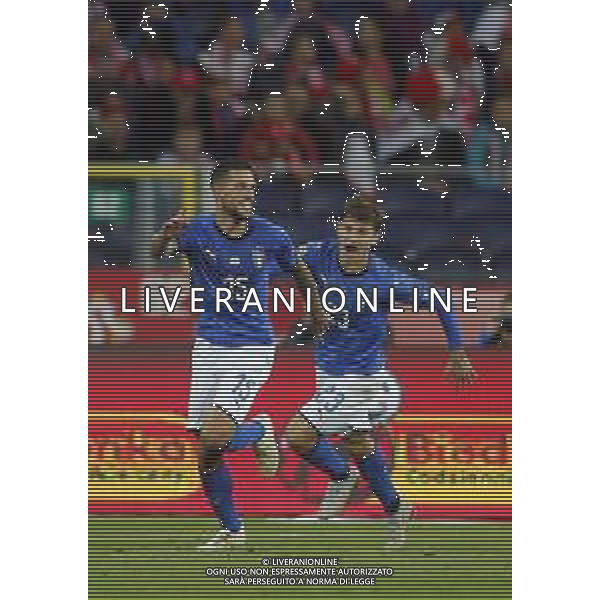 CHORZOW STADION SLASKI 14.10.2018 LIGA NARODOW PILKA NOZNA POLSKA (BIALO-CZERWONE) - WLOCHY (NIEBIESKO-BIALE) NZ Cristiano Biraghi gol bramka radosc 0:1 . ESULTANZA DOPO IL GOL DI CRISTIANO BIRAGHI CON NICOLO\' BARELLA FOT TOMASZ WANTULA / NEWSPIX.PL CHORZOW 14.10.2018 FOOTBALL MEN\'S LEAGUE OF NATIONS POLAND - ITALY TOMASZ WANTULA / NEWSPIX.PL --- Newspix.pl / AGENZIA ALDO LIVERANI SAS - ITALY ONLY EDITORIAL USE ONLY - Polonia - Italia UEFA Nations League 14.10.2018