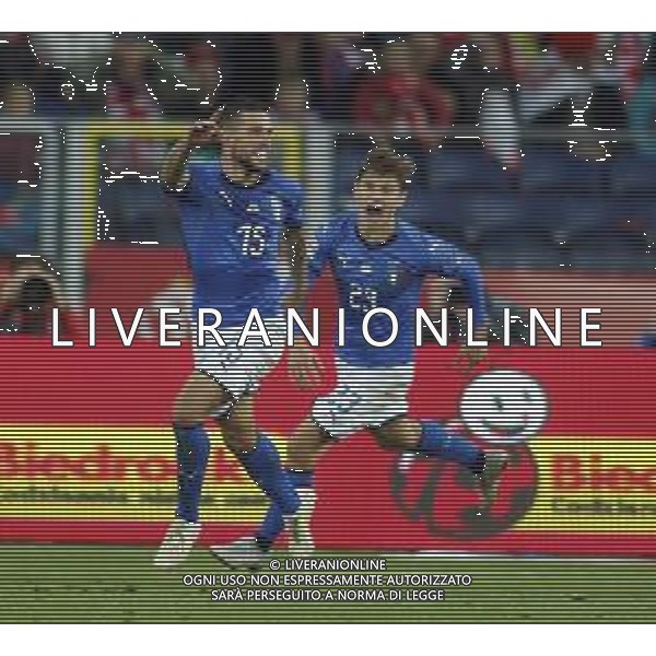 CHORZOW STADION SLASKI 14.10.2018 LIGA NARODOW PILKA NOZNA POLSKA (BIALO-CZERWONE) - WLOCHY (NIEBIESKO-BIALE) NZ Cristiano Biraghi gol bramka radosc 0:1 . ESULTANZA DOPO IL GOL DI CRISTIANO BIRAGHI CON NICOLO\' BARELLA FOT TOMASZ WANTULA / NEWSPIX.PL CHORZOW 14.10.2018 FOOTBALL MEN\'S LEAGUE OF NATIONS POLAND - ITALY TOMASZ WANTULA / NEWSPIX.PL --- Newspix.pl / AGENZIA ALDO LIVERANI SAS - ITALY ONLY EDITORIAL USE ONLY - Polonia - Italia UEFA Nations League 14.10.2018