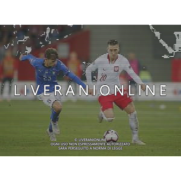 CHORZOW STADION SLASKI 14.10.2018 LIGA NARODOW PILKA NOZNA POLSKA (BIALO-CZERWONE) - WLOCHY (NIEBIESKO-BIALE) NZ Nicola Barella , Piotr Zielinski . FOT TOMASZ WANTULA / NEWSPIX.PL CHORZOW 14.10.2018 FOOTBALL MEN\'S LEAGUE OF NATIONS POLAND - ITALY TOMASZ WANTULA / NEWSPIX.PL --- Newspix.pl / AGENZIA ALDO LIVERANI SAS - ITALY ONLY EDITORIAL USE ONLY - Polonia - Italia UEFA Nations League 14.10.2018