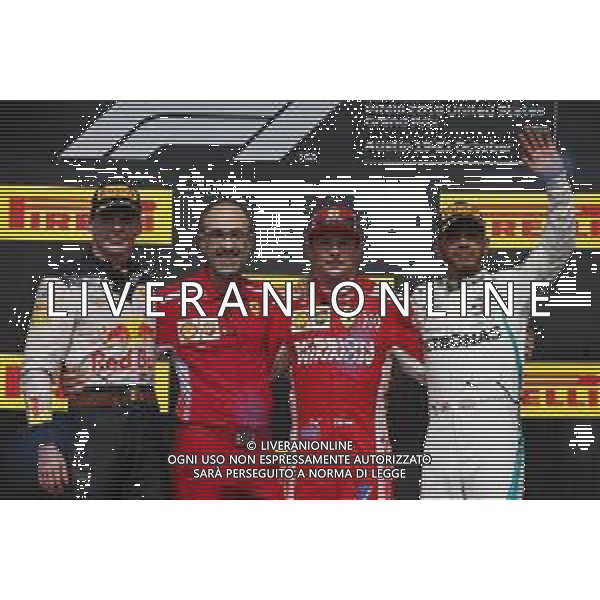 1st place Kimi Raikkonen (FIN) Ferrari SF71H 2nd place Max Verstappen (NLD) Red Bull Racing RB14 and 3rd Sebastian Vettel (GER) Ferrari SF71H. 21.10.2018. Formula 1 World Championship, Rd 18, United States Grand Prix, Austin, Texas, USA, Race Day. / AGENZIA ALDO LIVERANI SAS - ITALY ONLY EDITORIAL USE ONLY