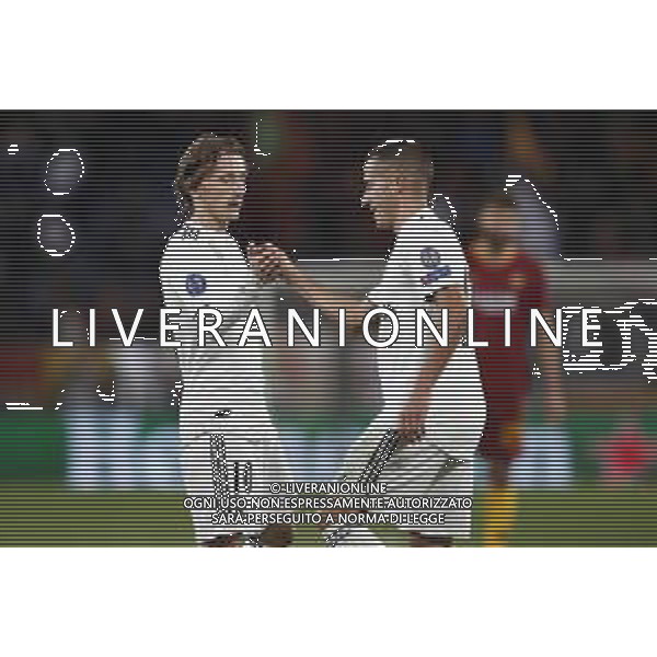 UEFA Champions League gruppo G - Roma vs Real Madrid 27/11/2018 nella foto: Esultanza Mordic Luka (Midfielder of Real Madrid) Lucas Vasquez (Forward of Real Madrid) ©Claudio Zamagni/Agenzia Aldo Liverani exultation of Mordic Luka (Midfielder of Real Madrid)Lucas Vasquez (Forward of Real Madrid) during UEFA Champions League - group G soccer match between A.S.ROME and REAL MADRID at Rome olympic Stadium on November 27 2018 photo credit by Claudio Zamagni/Aldo Liverani Photo Agency/ AGENZIA ALDO LIVERANI SAS