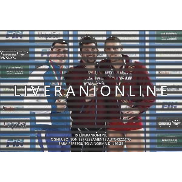 RICCIONE 30/11/2018 - Campionato Italiano Open di Nuoto in vasca corta nella foto: Marco orsi, daniele d\'angelo, Matteo rivolta sul Podio ©Claudio Zamagni/Agenzia Aldo Liverani / AGENZIA ALDO LIVERANI SAS