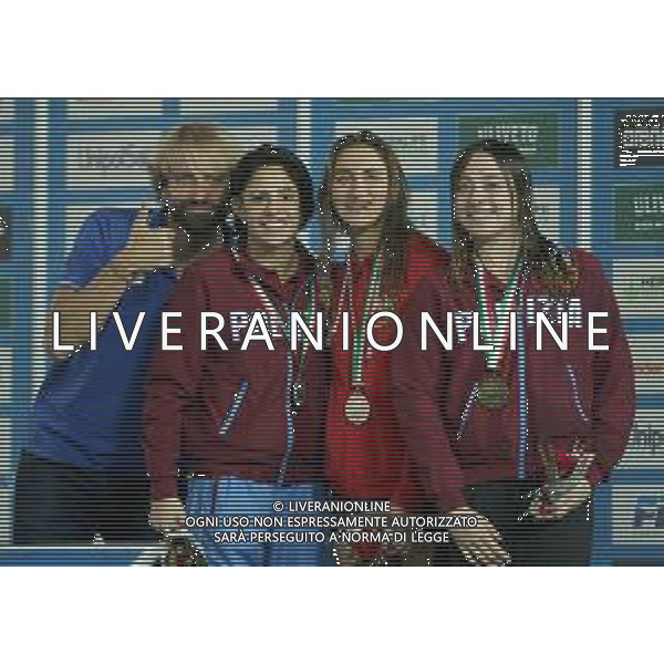 Campionato Italiano Open di nuoto vasca corta 25m Riccione (RN) - 01.12.2018 Nella Foto:Massimiliano Rosolino,Quadrella Simona,Caramignoli - sul podioMartina Rita,Carli Diletta /Ph.Vitez-Ag. Aldo Liverani