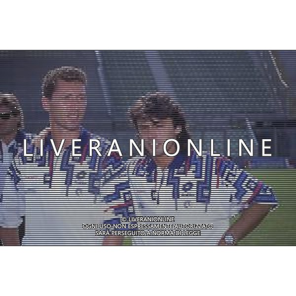 RETROSPETTIVA GIUSEPPE MINAUDO CALCIATORE NELLA FOTO GIUSEPPE MINAUDO CON LA MAGLIA DELL\'ATALANTA CON FABRIZIO FERRON AG ALDO LIVERANI SAS