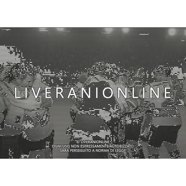 1992-1993 -CAMPIONATO DI HOCKEY SU GHIACCIO SERIE A MILANO-FINALE 5 PARTITA HOCKEY MILANO LIONS -BOLZANO NELLA FOTO I GIOCATORI DELL\'HOCKEY MILANO LION FESTEGGIANO LA VITTORIA DEL SECONDO SCUDETTO AG ALDO LIVERANI SAS