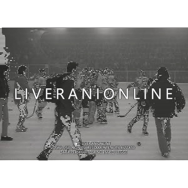 1992-1993 -CAMPIONATO DI HOCKEY SU GHIACCIO SERIE A MILANO-FINALE 5 PARTITA HOCKEY MILANO LIONS -BOLZANO NELLA FOTO I GIOCATORI DELL\'HOCKEY MILANO LION FESTEGGIANO LA VITTORIA DEL SECONDO SCUDETTO AG ALDO LIVERANI SAS