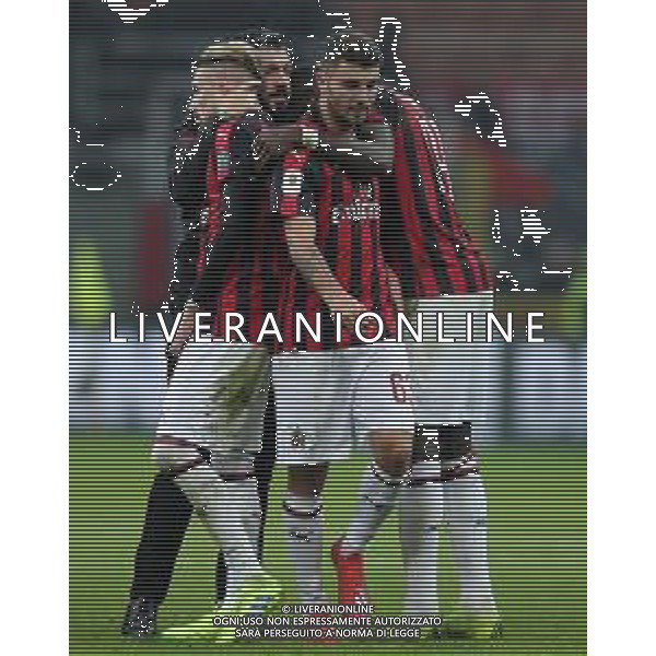 Coppa Italia TIM Cup 2018/2019 Quarti di Finale Milano - 29.01.2019 Milan-Napoli Nella Foto: esultanza di gennaro gattuso che abbraccia Samu Castillejo, Tiemoue\' Bakayoko e patrick cutrone a fine gara /Ph.Vitez-Ag. Aldo Liverani