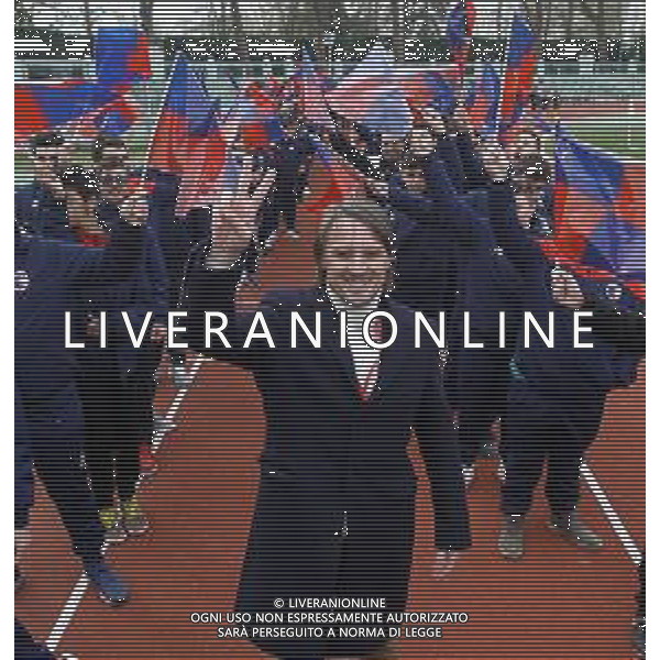 IMOLA 10 03 2019 PRIMA DELLA PARTITA IMOLESE CALCIO-RENATE SFILATA DEL SETTORE GIOVANILE DELL\'IMOLESE CALCIO NELLA FOTO PRESIDENTE LORENZO SPAGNOLI CON SETTORE GIOVANILE foto gianni sanna-ag aldo liverani sas