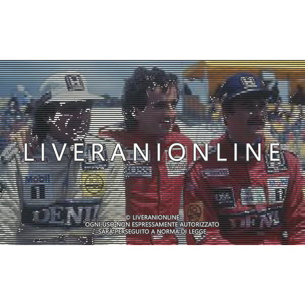 RETROSPETTIVA NIGEL MANSELL PILOTA F1 NELLA FOTO NIGEL MANSELL NELL\'ANNO 1986 CON NELSN PIQUET E ALAIN PROST AG ALDO LIVERANI SAS 