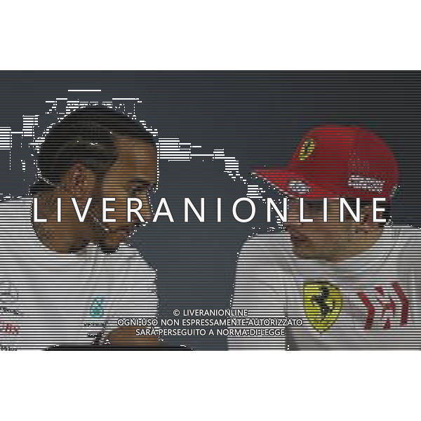 (L to R): Race winner Lewis Hamilton (GBR) Mercedes AMG F1 with third placed Charles Leclerc (MON) Ferrari in the post race FIA Press Conference. 31.03.2019. Formula 1 World Championship, Rd 2, Bahrain Grand Prix, Sakhir, Bahrain, Race Day. AG ALDO LIVERANI SAS-ONLY ITALY