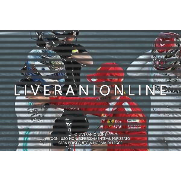 (L to R): Pole sitter Valtteri Bottas (FIN) Mercedes AMG F1 with third placed Sebastian Vettel (GER) Ferrari and second placed Lewis Hamilton (GBR) Mercedes AMG F1 in qualifying parc ferme. 27.04.2019. Formula 1 World Championship, Rd 4, Azerbaijan Grand Prix, Baku Street Circuit, Azerbaijan, Qualifying Day. AG ALDO LIVERANI SAS-ONLY ITALY