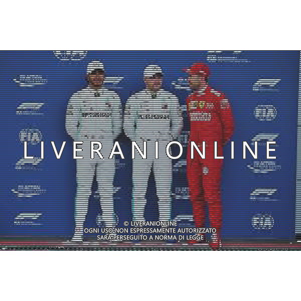 Qualifying top three in parc ferme (L to R): Lewis Hamilton (GBR) Mercedes AMG F1, second; Valtteri Bottas (FIN) Mercedes AMG F1, pole position; Sebastian Vettel (GER) Ferrari, third. 27.04.2019. Formula 1 World Championship, Rd 4, Azerbaijan Grand Prix, Baku Street Circuit, Azerbaijan, Qualifying Day. AG ALDO LIVERANI SAS-ONLY ITALY