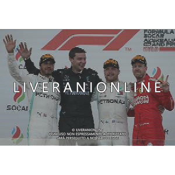 1st place for Valtteri Bottas (FIN) Mercedes AMG F1 W10, 2nd Lewis Hamilton (GBR) Mercedes AMG F1 W10 and 3rd Sebastian Vettel (GER) Ferrari SF90. 28.04.2019. Formula 1 World Championship, Rd 4, Azerbaijan Grand Prix, Baku Street Circuit, Azerbaijan, Race Day. AG ALDO LIVERANI SAS-ONLY ITALY