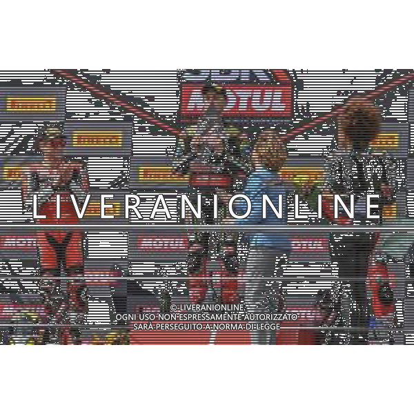 Motori: WorldSBK Pirelli Italian Round 11 Maggio 2019 Imola (Bo) nella foto premiazione di jonathan Rea 1 sul podio con albatro Bautista 19 e Toprak Razgatlioglu 54 - Superbike Gara 1 ©ARCHIVIO / AGENZIA ALDO LIVERANI SAS