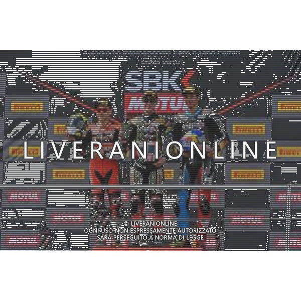 Motori: WorldSBK Pirelli Italian Round 11 Maggio 2019 Imola (Bo) nella foto jonathan Rea 1 sul podio con albatro Bautista 19 e Toprak Razgatlioglu 54 - Superbike Gara 1 ©ARCHIVIO / AGENZIA ALDO LIVERANI SAS