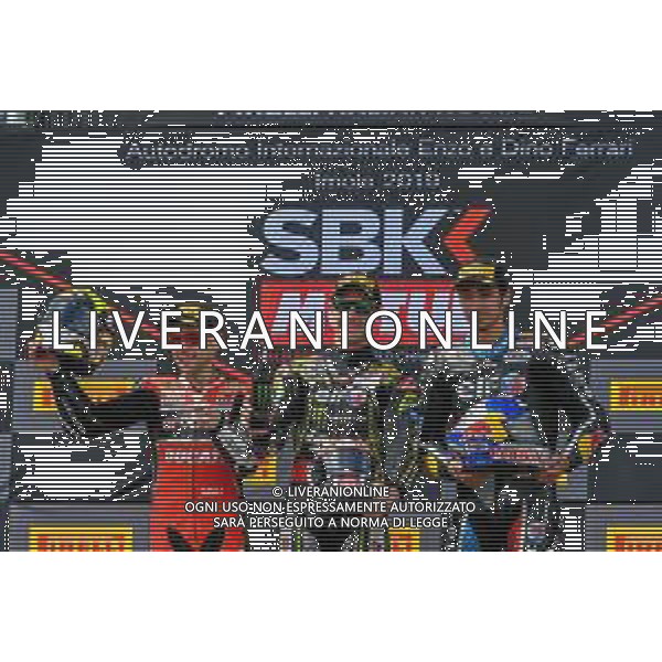 Motori: WorldSBK Pirelli Italian Round 11 Maggio 2019 Imola (Bo) nella foto jonathan Rea 1 sul podio con albatro Bautista 19 e Toprak Razgatlioglu 54 - Superbike Gara 1 ©ARCHIVIO / AGENZIA ALDO LIVERANI SAS