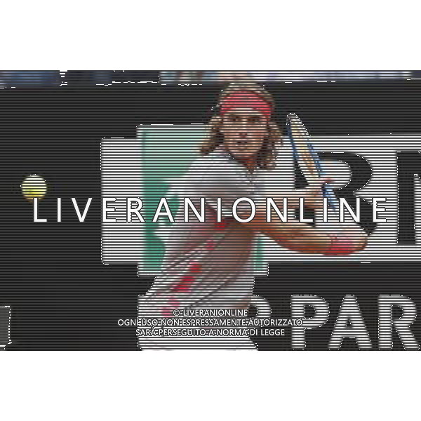 Roma 18/05/2019 - INTERNAZIONALI BNL D\' Italia 2019 - maschili - Stefanos Tsitsipas vs Rafael Nadal - nella foto: Stefanos Tsitsipas ©Claudio Zamagni/Agenzia Aldo Liverani s.a.s. Stefanos Tsitsipas during the semi-finals match between Stefanos Tsitsipas and Rafael Nadal at the The Internazionali BNL d\'Italia 2019 at Foro Italico on May 18, 2019 in Rome, Italy. Photo Credit by Claudio Zamagni-Aldo Liverani Photo Agency / AGENZIA ALDO LIVERANI SAS