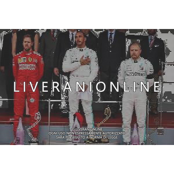 The podium (L to R): Sebastian Vettel (GER) Ferrari second; Lewis Hamilton (GBR) Mercedes AMG F1, race winner; Valtteri Bottas (FIN) Mercedes AMG F1, third. 26.05.2019. Formula 1 World Championship, Rd 6, Monaco Grand Prix, Monte Carlo, Monaco, Race Day. AG ALDO LIVERANI SAS-ONLY ITALY
