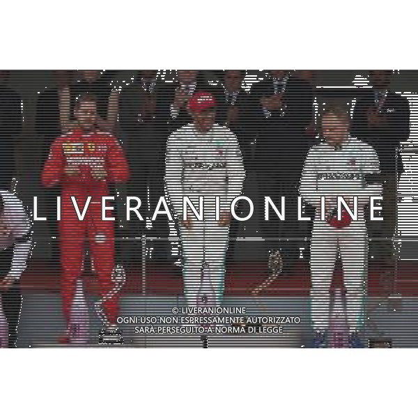 The podium (L to R): Sebastian Vettel (GER) Ferrari second; Lewis Hamilton (GBR) Mercedes AMG F1, race winner; Valtteri Bottas (FIN) Mercedes AMG F1, third. 26.05.2019. Formula 1 World Championship, Rd 6, Monaco Grand Prix, Monte Carlo, Monaco, Race Day. AG ALDO LIVERANI SAS-ONLY ITALY