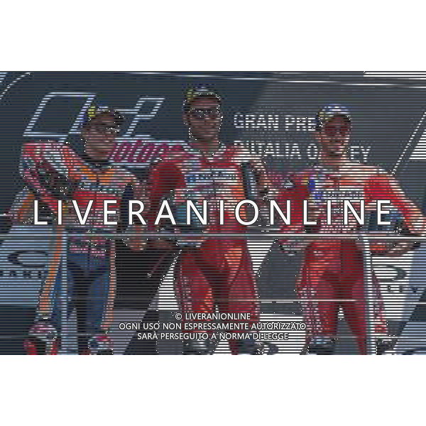 Danilo Petrucci primo classificato MotoGP festeggia con Andrea Dovizioso e Marc Marquez - Podio MotoGP del Mugello Gran Premio d\'Italia 02.06.2019 ©Alessio Marini / AGENZIA ALDO LIVERANI SAS