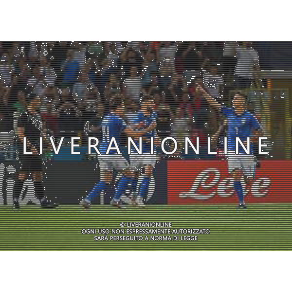 ©Alessio Marini - ITALIA - SPAGNA UEFA - Campionato Europeo Under 21 Italia 2019 Gruppo A - Bologna 16.06.2019 Nella foto esultanza dopo il gol su rigore di Lorenzo Pellegrini con Patrick Cutrone e federico chiesa ©Alessio Marini / AGENZIA ALDO LIVERANI SAS