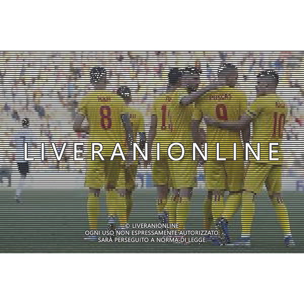UEFA - Campionato Europeo Under 21 Italia 2019 27/06/2019 Semifinale Germania - Romania. nella foto: Esultanza romania dopo il gol di Puscas George (Romania) - abbraccio ©Claudio Zamagni/Agenzia Aldo Liverani romania celebrates after scoring a goal during semifinal UEFA Championship Under 21 Italy 2019 match between Germany and Romania at Renato Dall\'Ara Stadium on June 27 2019. photo credit by Claudio Zamagni/Aldo Liverani Photo Agency/ AGENZIA ALDO LIVERANI SAS