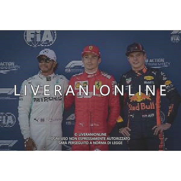 Qualifying top three in parc ferme (L to R): Lewis Hamilton (GBR) Mercedes AMG F1, second; Charles Leclerc (MON) Ferrari, pole position; Max Verstappen (NLD) Red Bull Racing, third. 29.06.2019. Formula 1 World Championship, Rd 9, Austrian Grand Prix, Spielberg, Austria, Qualifying Day. AG ALDO LIVERANI SAS-ONLY ITALY