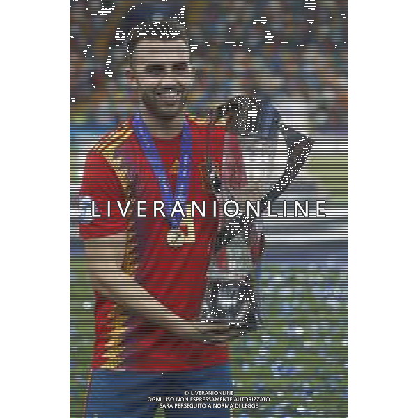 UEFA - Campionato Europeo Under 21 Italia 2019. 30/06/2019 Finale Spagna - Germania nella foto: Esultanza finale Mayoral Borja (spagna) con la coppa ©Claudio Zamagni/Agenzia Aldo Liverani final exultation of Mayoral Borja (spagna)with the trophy during UEFA Championship Under 21 Italy 2019 final match between Spain and Germany at Dacia Arena Stadium on June 30 2019. photo credit by Claudio Zamagni/Aldo Liverani Photo Agency