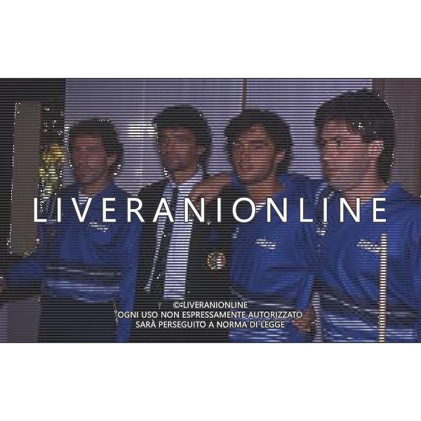 RETROSPETTIVA GIUSEPPE GIANNINI CALCIATORE NELLA FOTO FRANCO BARESI-ALESSANDRO ALTOBELLI-GIUSEPPE GIANNINI-CARLO ANCELOTTI IN NAZIONALE AG ALDO LIVERANI SAS