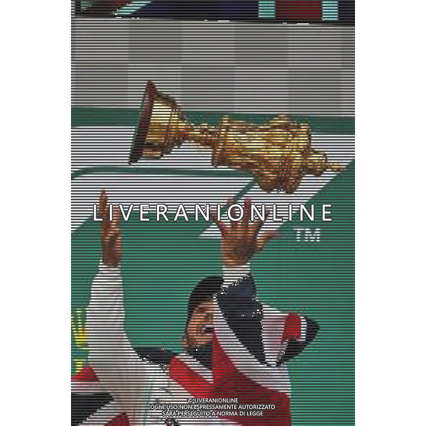 Race winner Lewis Hamilton (GBR) Mercedes AMG F1 celebrates on the podium. 14.07.2019. Formula 1 World Championship, Rd 10, British Grand Prix, Silverstone, England, Race Day. AG ALDO LIVERANI SAS-ONLY ITALY