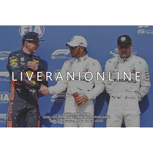 Qualifying top three in parc ferme (L to R): Max Verstappen (NLD) Red Bull Racing, second; Lewis Hamilton (GBR) Mercedes AMG F1, pole position; Valtteri Bottas (FIN) Mercedes AMG F1, third. 27.07.2019. Formula 1 World Championship, Rd 11, German Grand Prix, Hockenheim, Germany, Qualifying Day. AG ALDO LIVERANI SAS-ONLY ITALY