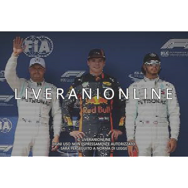 Qualifying top three in parc ferme (L to R): Valtteri Bottas (FIN) Mercedes AMG F1, second; Max Verstappen (NLD) Red Bull Racing, pole position; Lewis Hamilton (GBR) Mercedes AMG F1, third. 03.08.2019. Formula 1 World Championship, Rd 12, Hungarian Grand Prix, Budapest, Hungary, Qualifying Day. AG ALDO LIVERANI SAS-ONLY ITALY