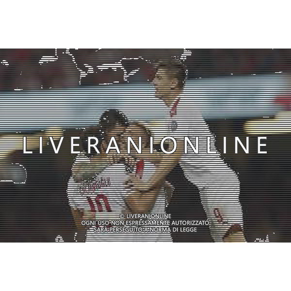 INTERNATIONAL CHAMPIONS CUP 2019 Manchester United - A.C. Milan 03/08/2019 nella foto: Esultanza milan dopo il goal - abbraccio Samu Castillejo, Krzysztof Piatek, Hakan Calhanoglu e Alessio Romagnoli ©Claudio Zamagni/Agenzia Aldo Liverani s.a.s. ac milan celebrates after scoring a goal during International Champions Cup 2019 between Manchester United and A.C.Milan at Principality Stadium on August 3 2019 photo credit by Claudio Zamagni/Aldo Liverani Photo Agency / AGENZIA ALDO LIVERANI SAS