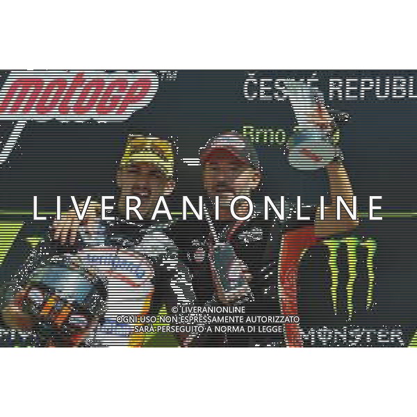 MOTOMONDIALE,PODIO, GP DELLA REPUBBLICA CECA, BRNO,MOTO3, 04-08-2019 NELLA FOTO: ARON CANET CON MAX BIAGGI SUL PODIO ©IEMMI / AGENZIA ALDO LIVERANI SAS