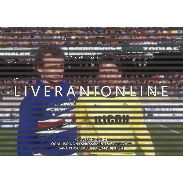 RETROSPETTIVA PREBEN LARSEN ELKJAER CALCIATORE NELLA FOTO PREBEN LARSEN ELKJAER CON LA MAGLIA DEL VERONA CALCIO CON PETER HANS BRIEGEL IN SAMPDORIA VERONA NELL\'ANNO 1986-87 AG ALDO LIVERANI SAS
