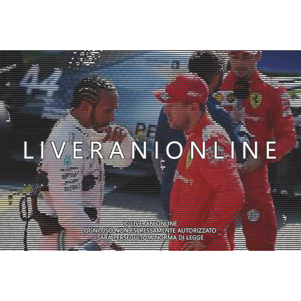 (L to R): Lewis Hamilton (GBR) Mercedes AMG F1 in qualifying parc ferme with Sebastian Vettel (GER) Ferrari. 31.08.2019. Formula 1 World Championship, Rd 13, Belgian Grand Prix, Spa Francorchamps, Belgium, Qualifying Day. /AGENZIA ALDO LIVERANI SAS - ITALY ONLY EDITORIAL USE ONLY - GP F1 BELGIO PROVE UFFICIALI QUALIFICHE