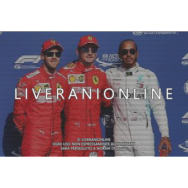 Qualifying top three in parc ferme (L to R): Sebastian Vettel (GER) Ferrari, second; Charles Leclerc (MON) Ferrari, pole position; Lewis Hamilton (GBR) Mercedes AMG F1, third. 31.08.2019. Formula 1 World Championship, Rd 13, Belgian Grand Prix, Spa Francorchamps, Belgium, Qualifying Day. /AGENZIA ALDO LIVERANI SAS - ITALY ONLY EDITORIAL USE ONLY - GP F1 BELGIO PROVE UFFICIALI QUALIFICHE